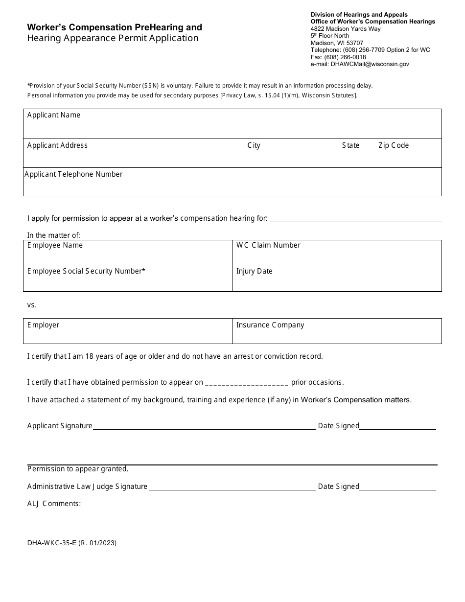 Form DHA-WKC-35-E Workers Compensation Prehearing and Hearing Appearance Permit Application - Wisconsin, Page 1