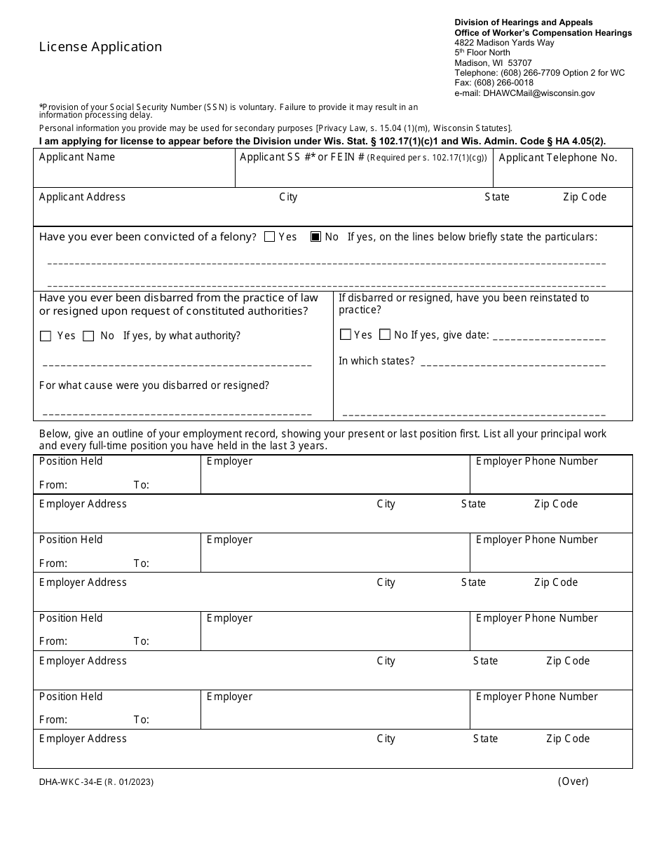 Form DHA-WKC-34-E License Application - Wisconsin, Page 1