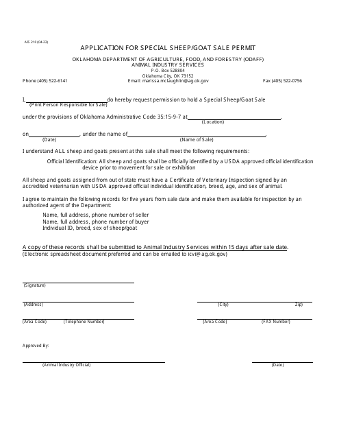 Form AIS210 Application for Special Sheep/Goat Sale Permit - Oklahoma