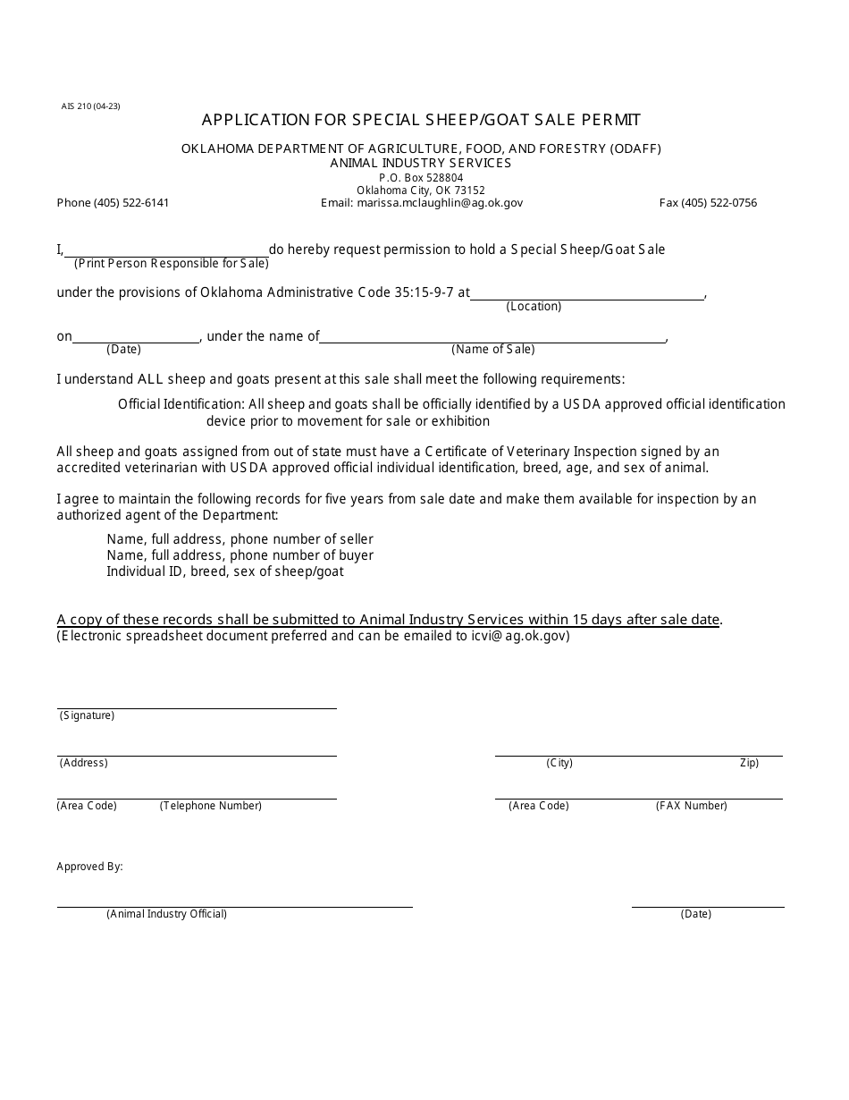 Form AIS210 Application for Special Sheep / Goat Sale Permit - Oklahoma, Page 1