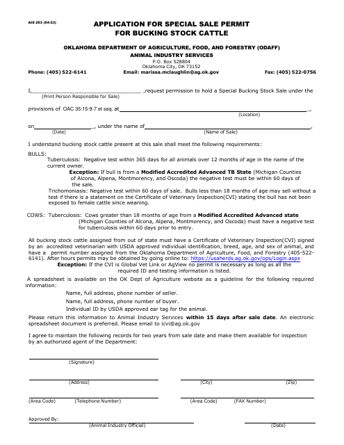 Form AIS203 Application for Special Sale Permit for Bucking Stock Cattle - Oklahoma