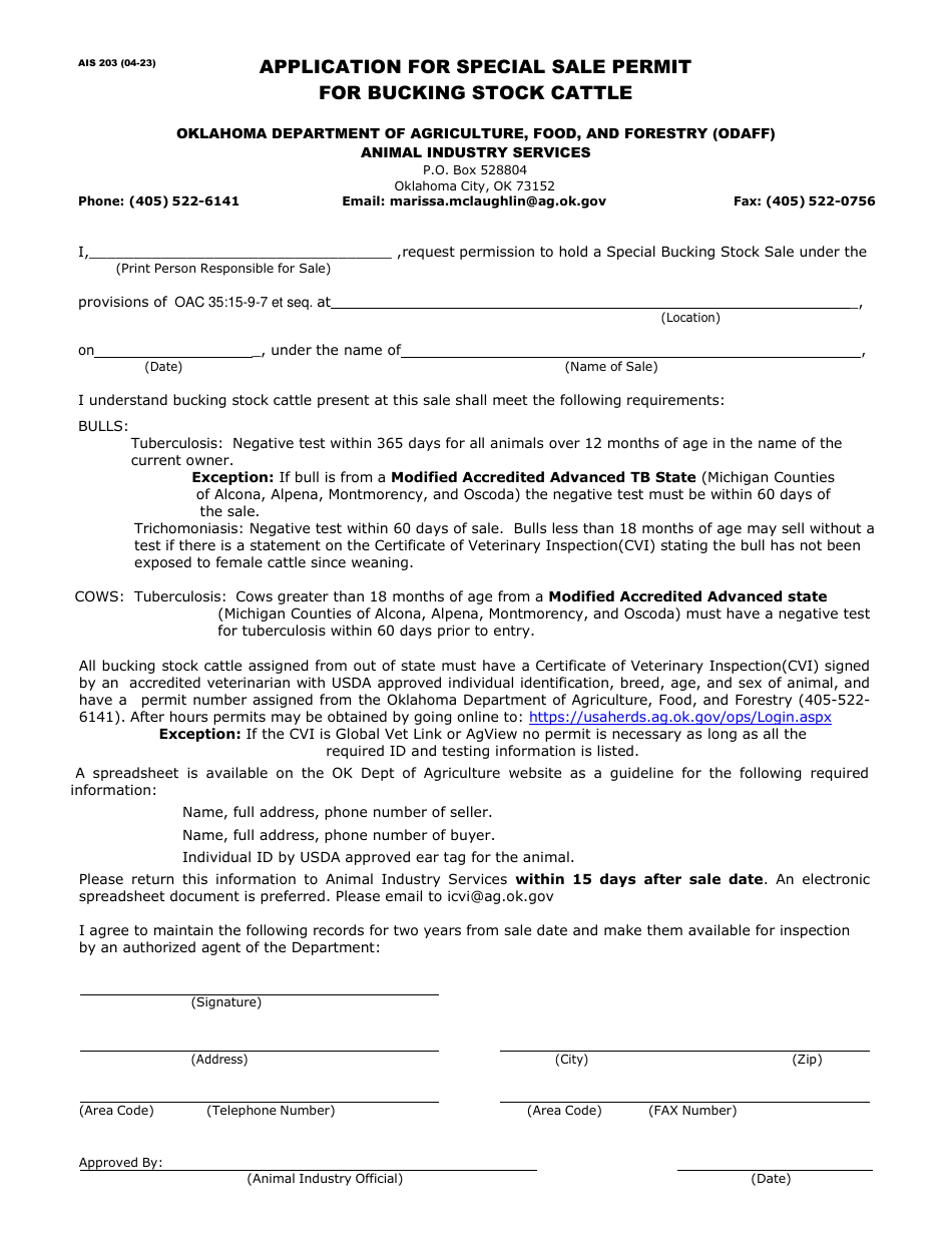 Form AIS203 Application for Special Sale Permit for Bucking Stock Cattle - Oklahoma, Page 1