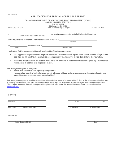 Form AIS210 Application for Special Horse Sale Permit - Oklahoma