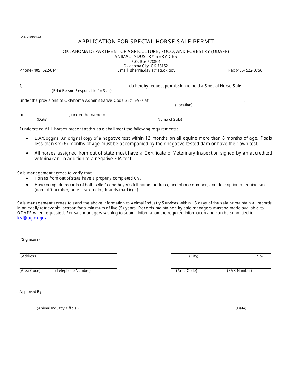 Form AIS210 Application for Special Horse Sale Permit - Oklahoma, Page 1