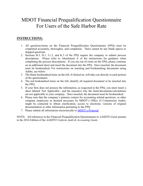 Financial Prequalification Questionnaire for Users of the Safe Harbor Rate - Michigan