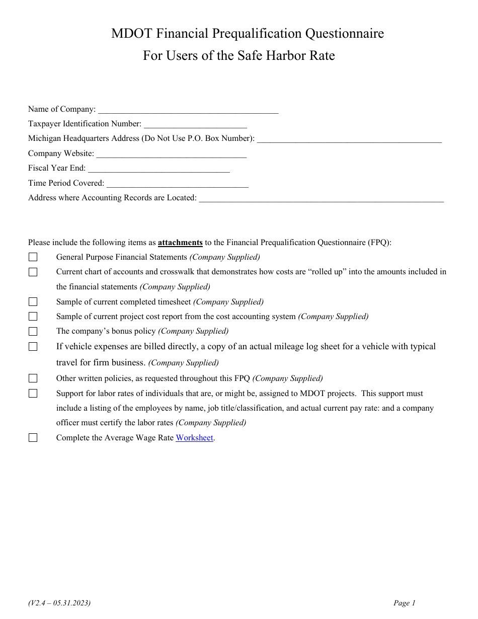 Financial Prequalification Questionnaire for Users of the Safe Harbor Rate - Michigan, Page 14