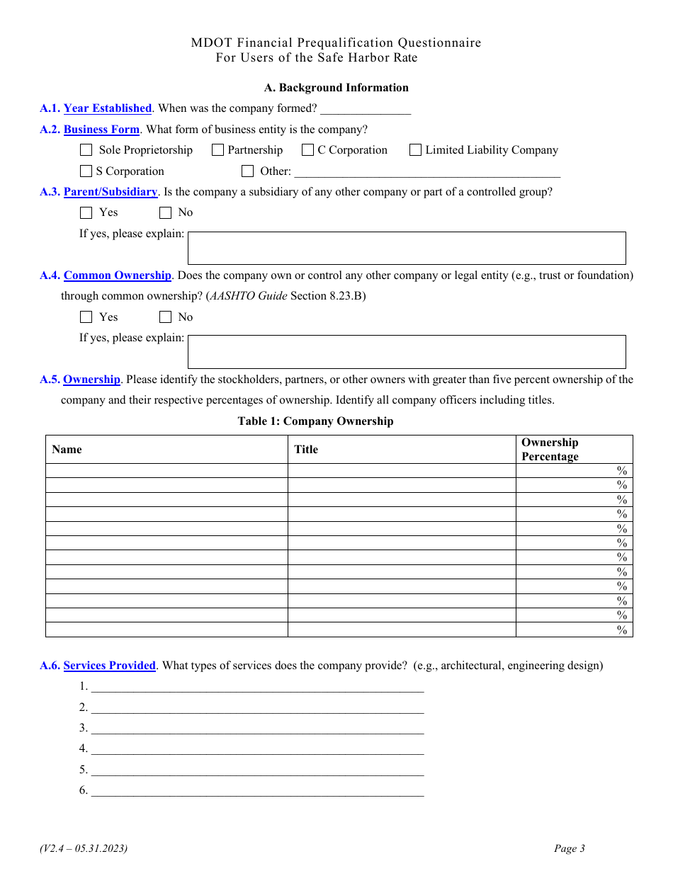 Financial Prequalification Questionnaire for Users of the Safe Harbor Rate - Michigan, Page 16