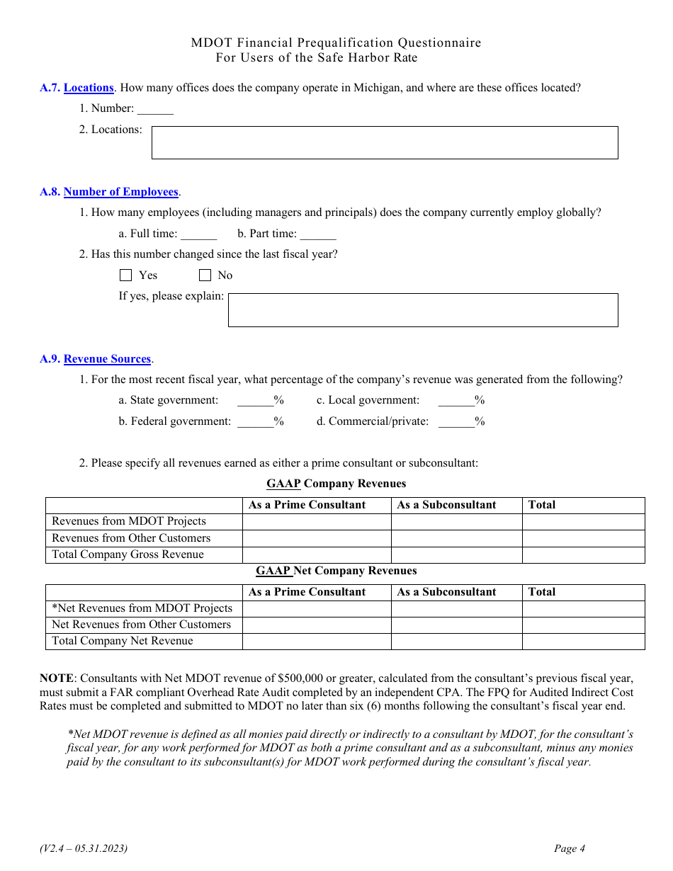 Financial Prequalification Questionnaire for Users of the Safe Harbor Rate - Michigan, Page 17