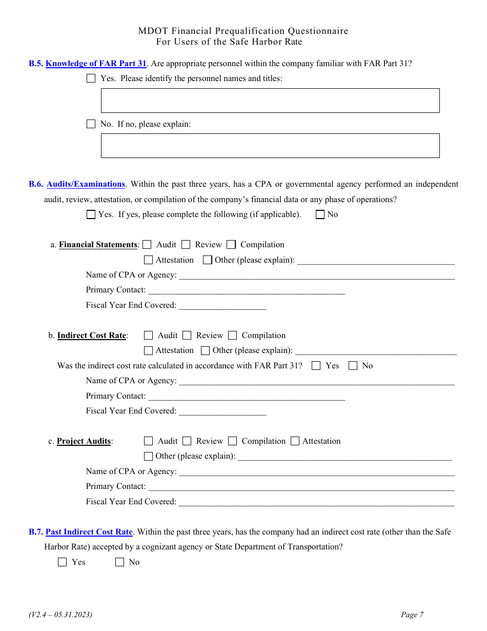 Financial Prequalification Questionnaire for Users of the Safe Harbor Rate - Michigan, Page 20