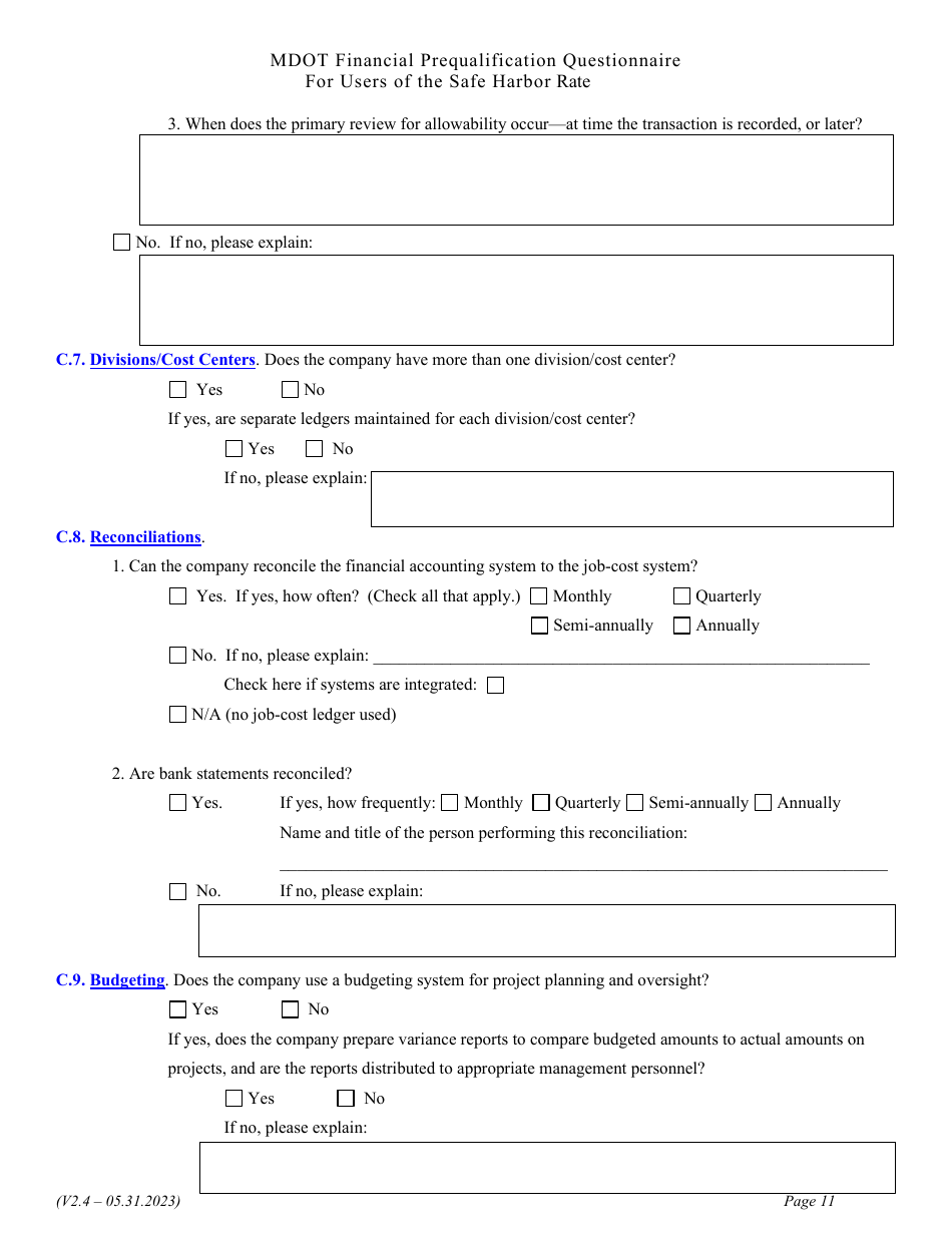 Financial Prequalification Questionnaire for Users of the Safe Harbor Rate - Michigan, Page 24