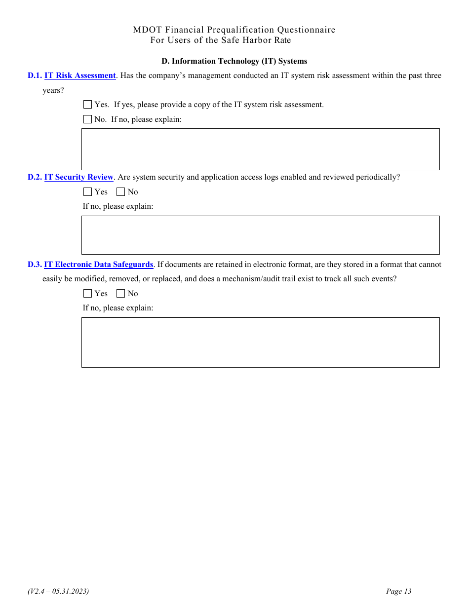 Financial Prequalification Questionnaire for Users of the Safe Harbor Rate - Michigan, Page 26