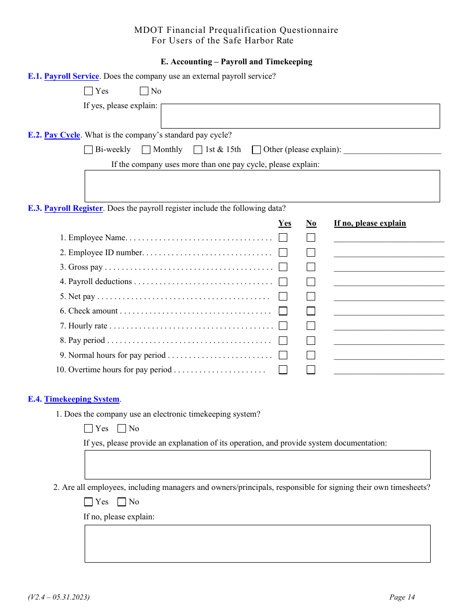 Financial Prequalification Questionnaire for Users of the Safe Harbor Rate - Michigan, Page 27