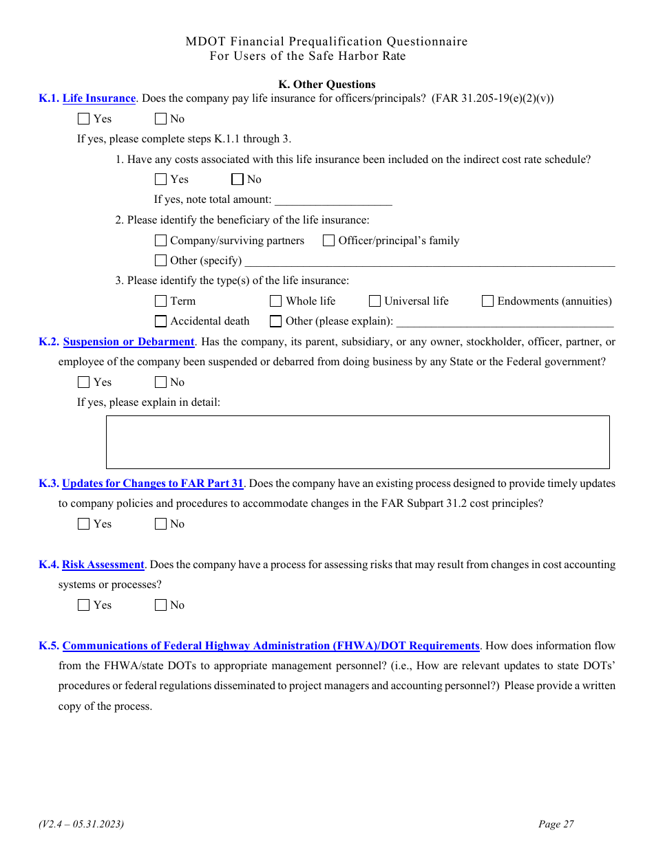 Financial Prequalification Questionnaire for Users of the Safe Harbor Rate - Michigan, Page 40