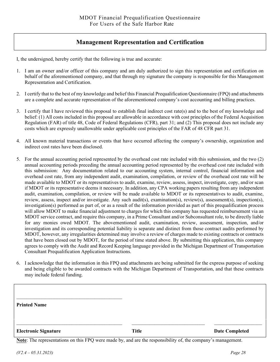 Financial Prequalification Questionnaire for Users of the Safe Harbor Rate - Michigan, Page 41