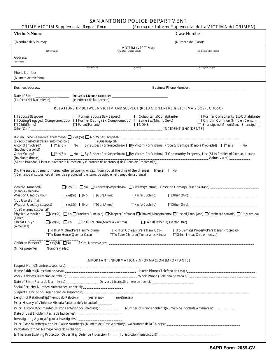 SAPD Form 2089-CV Crime Victim Supplemental Report Form - City of San Antonio, Texas (English / Spanish), Page 1