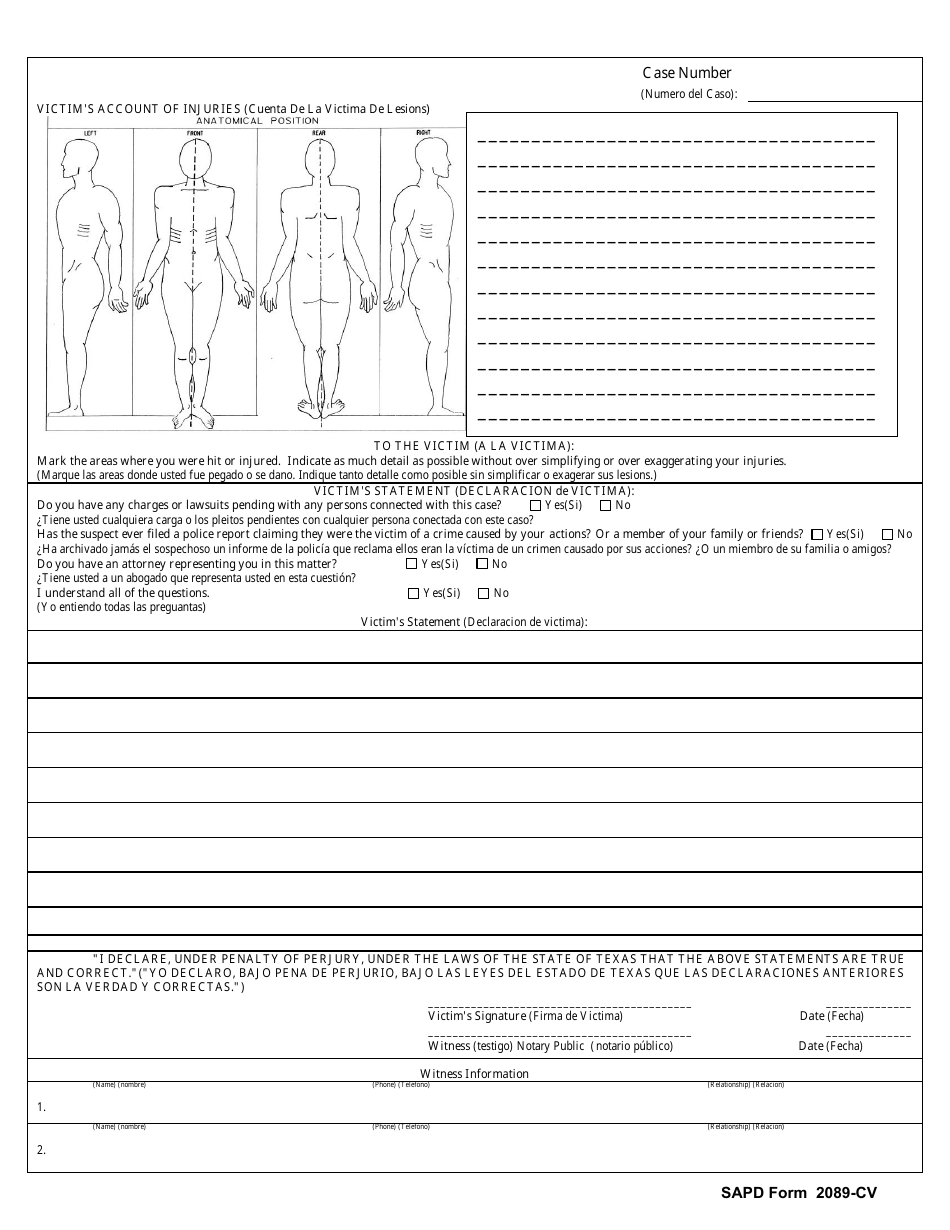 SAPD Form 2089-CV Crime Victim Supplemental Report Form - City of San Antonio, Texas (English / Spanish), Page 2