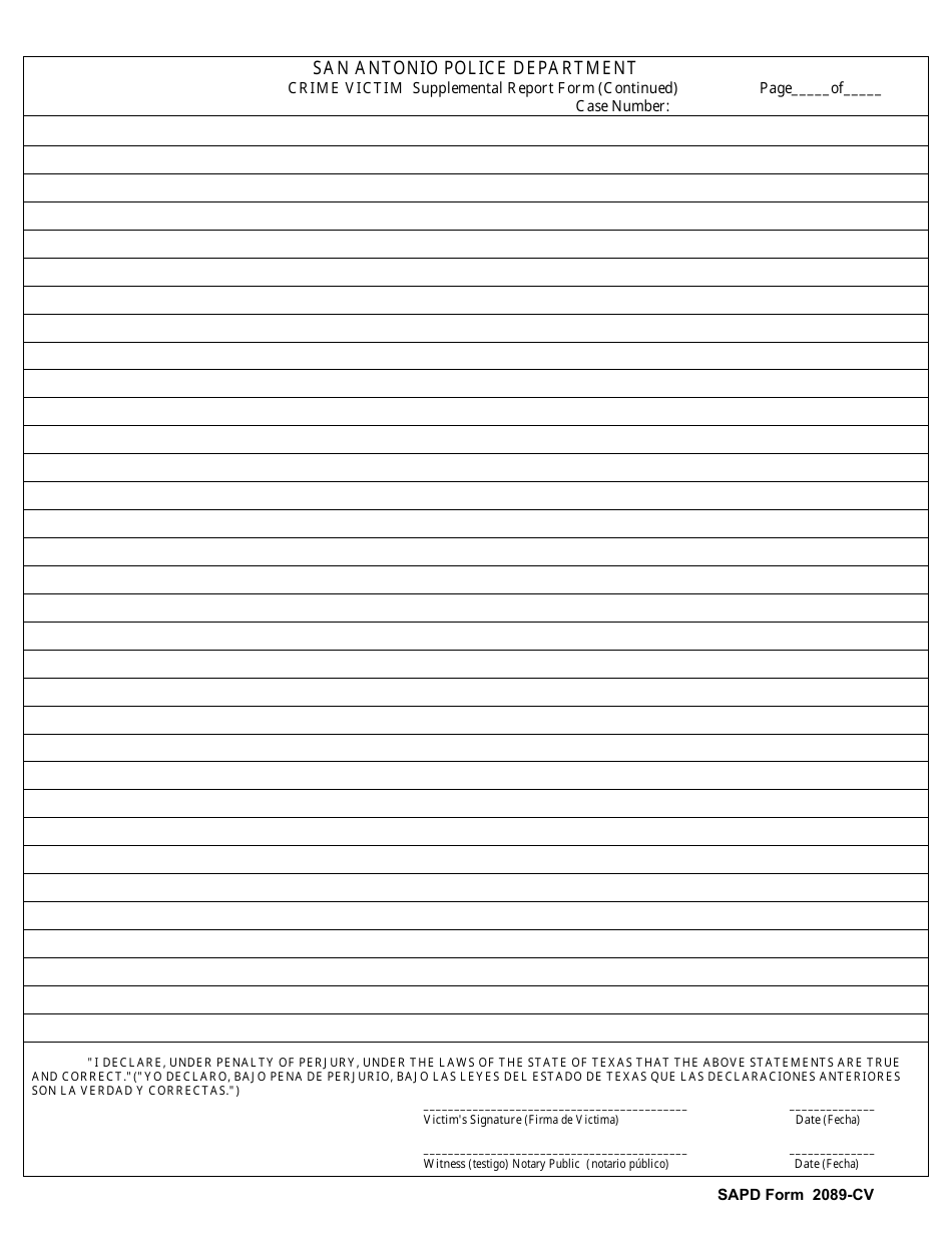 SAPD Form 2089-CV Crime Victim Supplemental Report Form - City of San Antonio, Texas (English / Spanish), Page 3