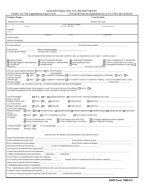 SAPD Form 2089-CV  Printable Pdf