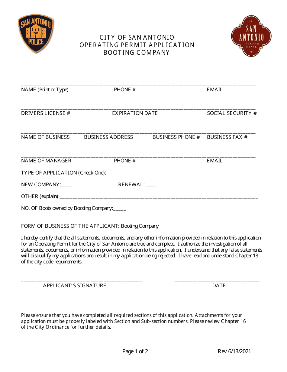 Cit of San Antonio, Texas Operating Permit Application Booting