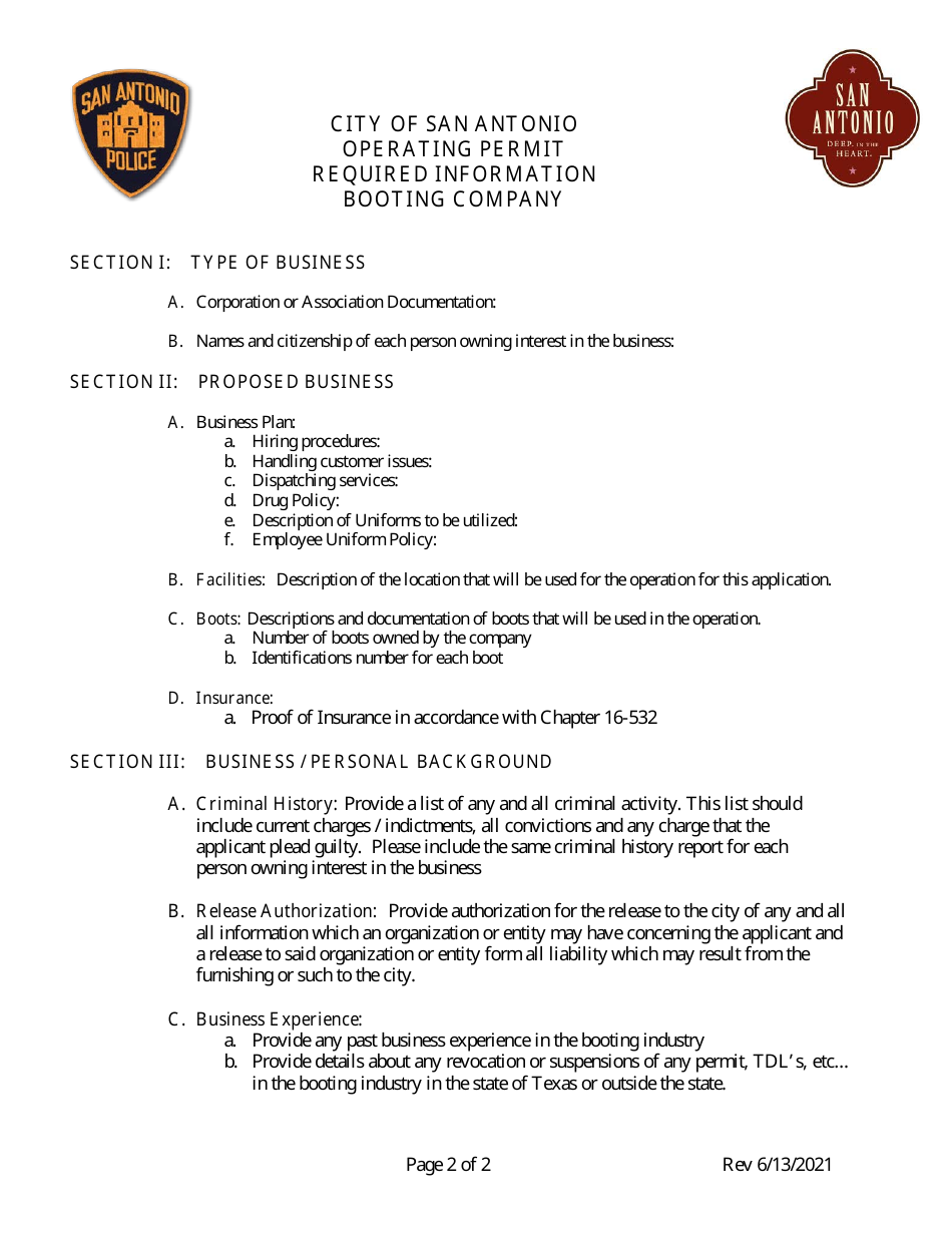 Operating Permit Application - Booting Company - Cit of San Antonio, Texas, Page 2