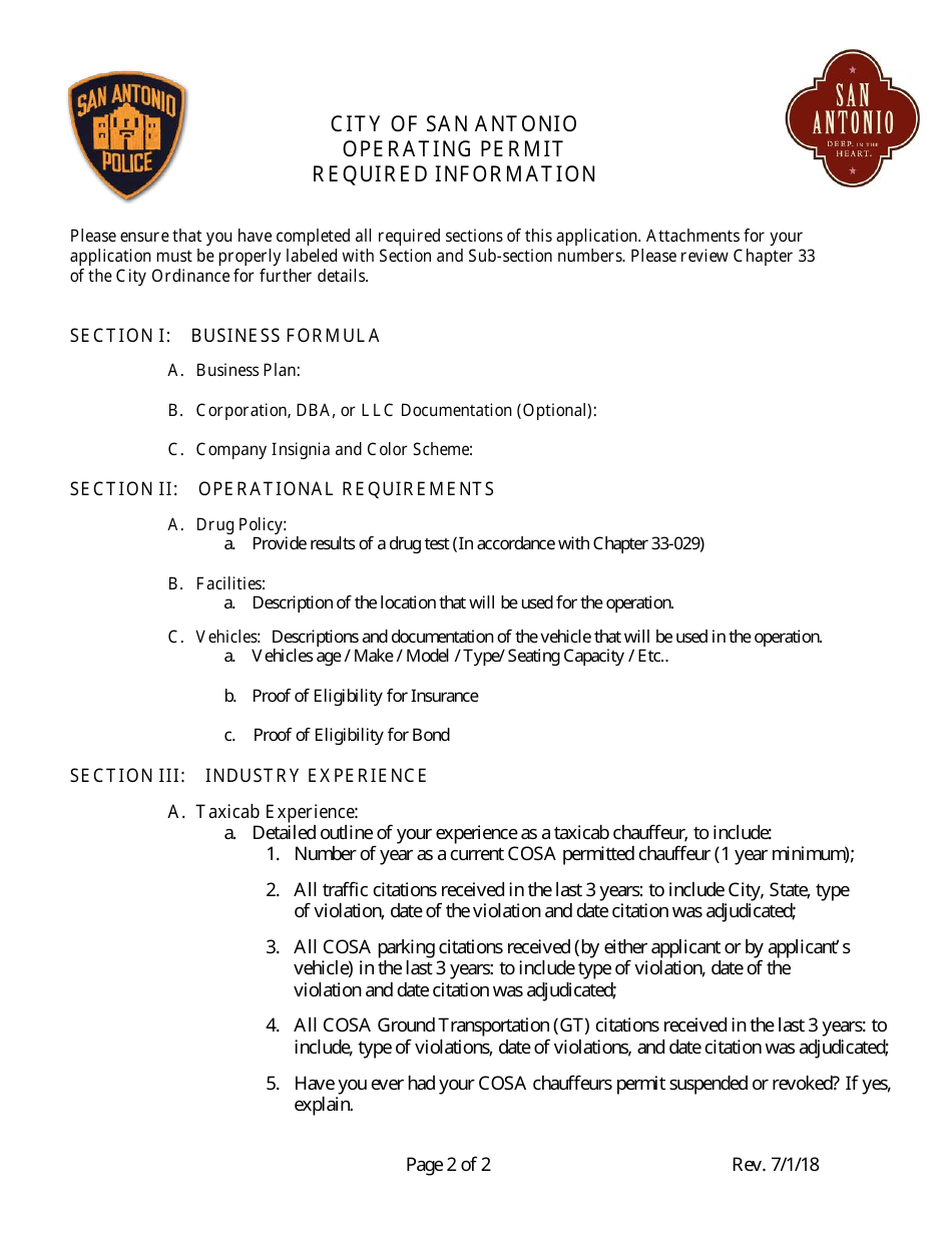 Operating Permit Application - Owner Operator (Taxicabs) - Cit of San Antonio, Texas, Page 2