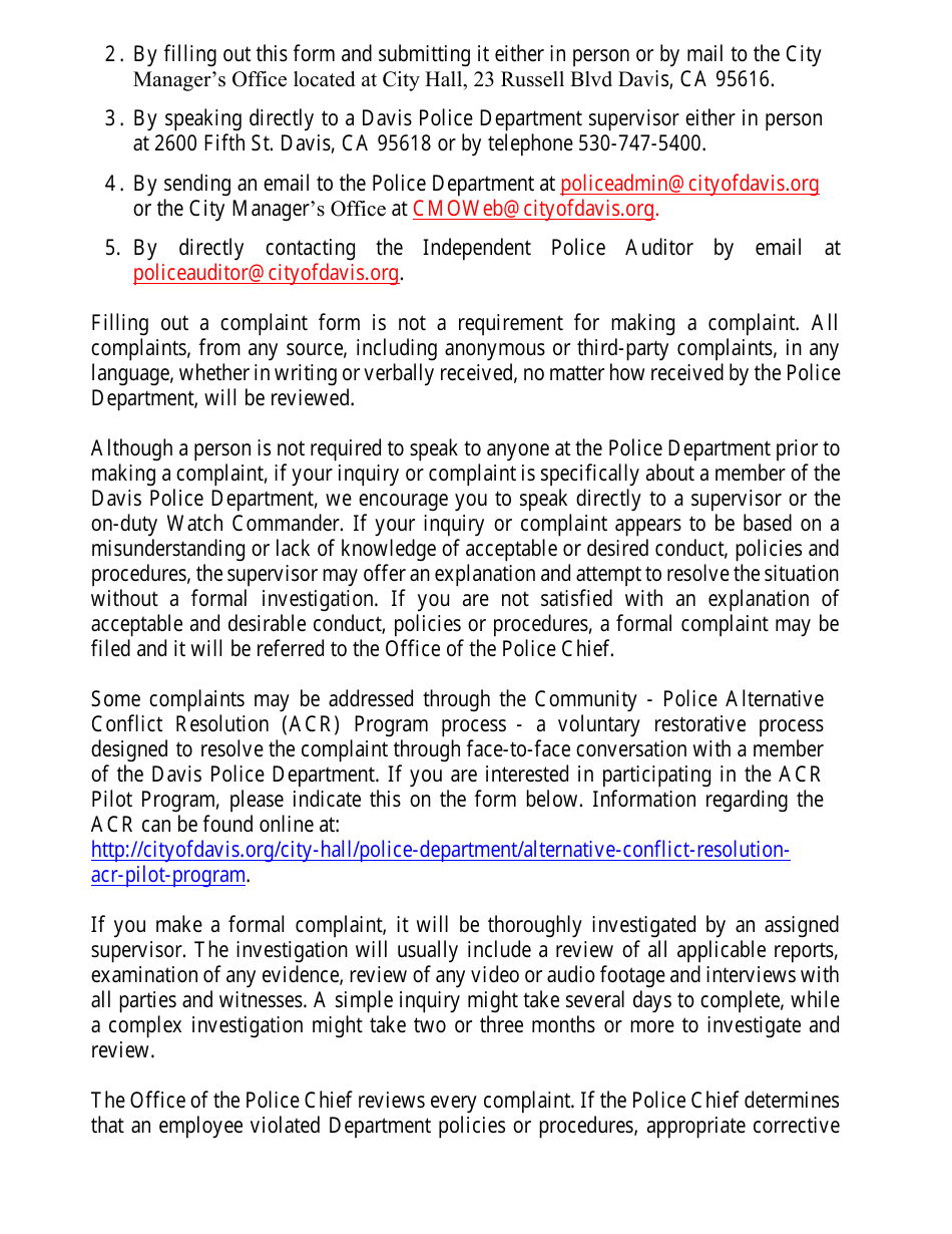 Complaint Form - City of Davis, California, Page 2