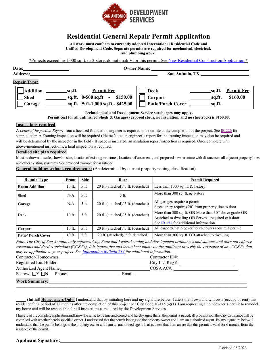 Residential General Repair Permit Application - City of San Antonio, Texas, Page 1