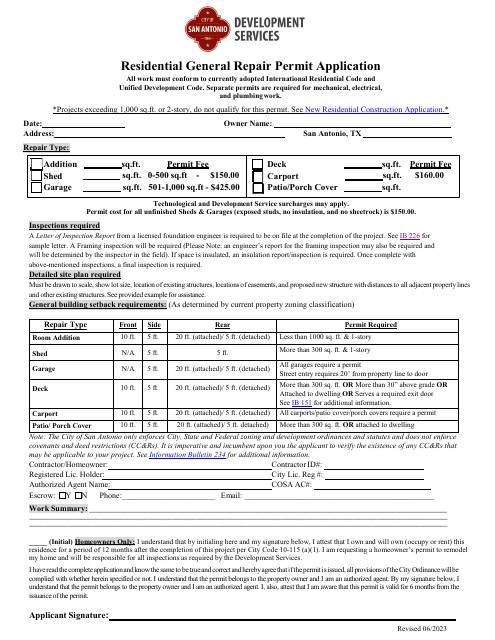 Residential General Repair Permit Application - City of San Antonio, Texas