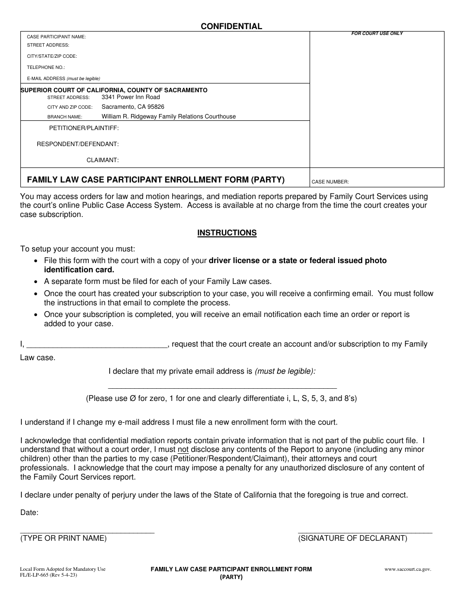Form FL / E-LP-665 Family Law Case Participant Enrollment Form (Party) - County of Sacramento, California, Page 1