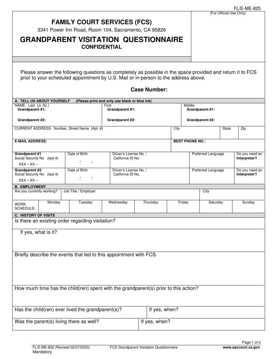 Form FL / E-ME-825 Grandparent Visitation Questionnaire - County of Sacramento, California, Page 1