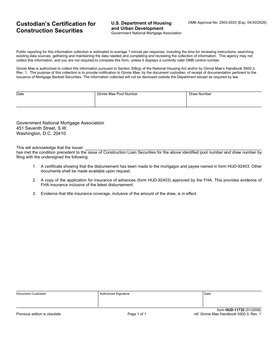 Form HUD-11732 Custodians Certification for Construction Securities, Page 1