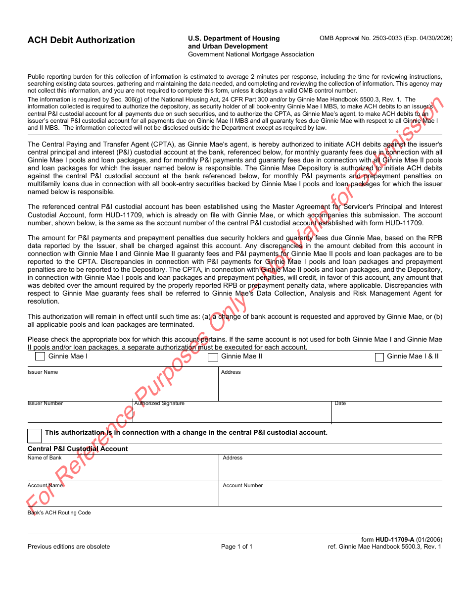 Form HUD-11709-A ACH Debit Authorization, Page 1
