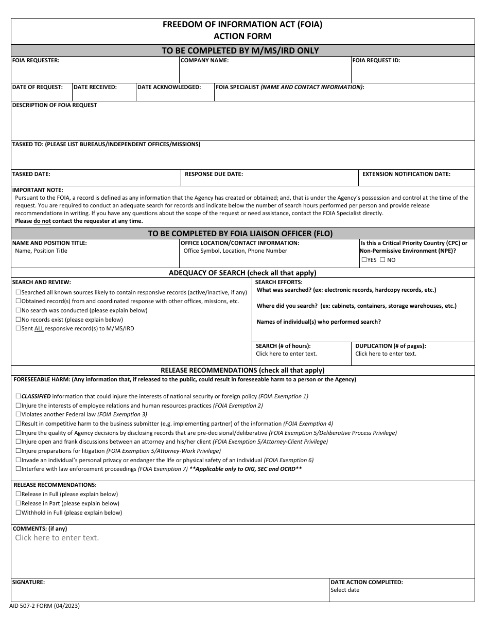 Form AID507-2 Freedom of Information Act (Foia) Action Form, Page 1