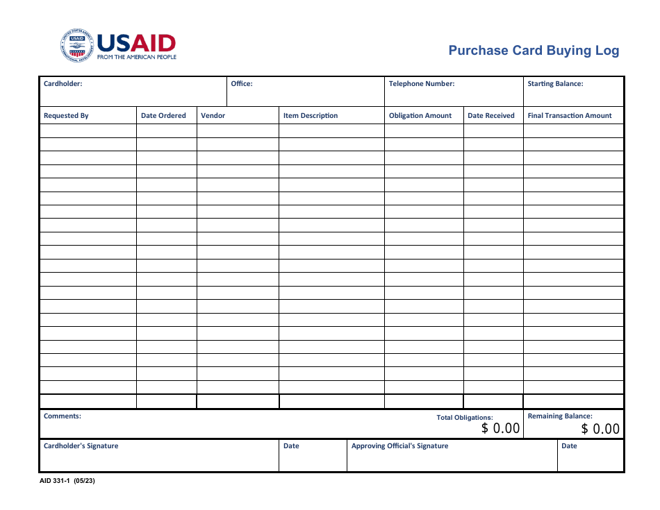 Form AID331-1 Purchase Card Buying Log, Page 1