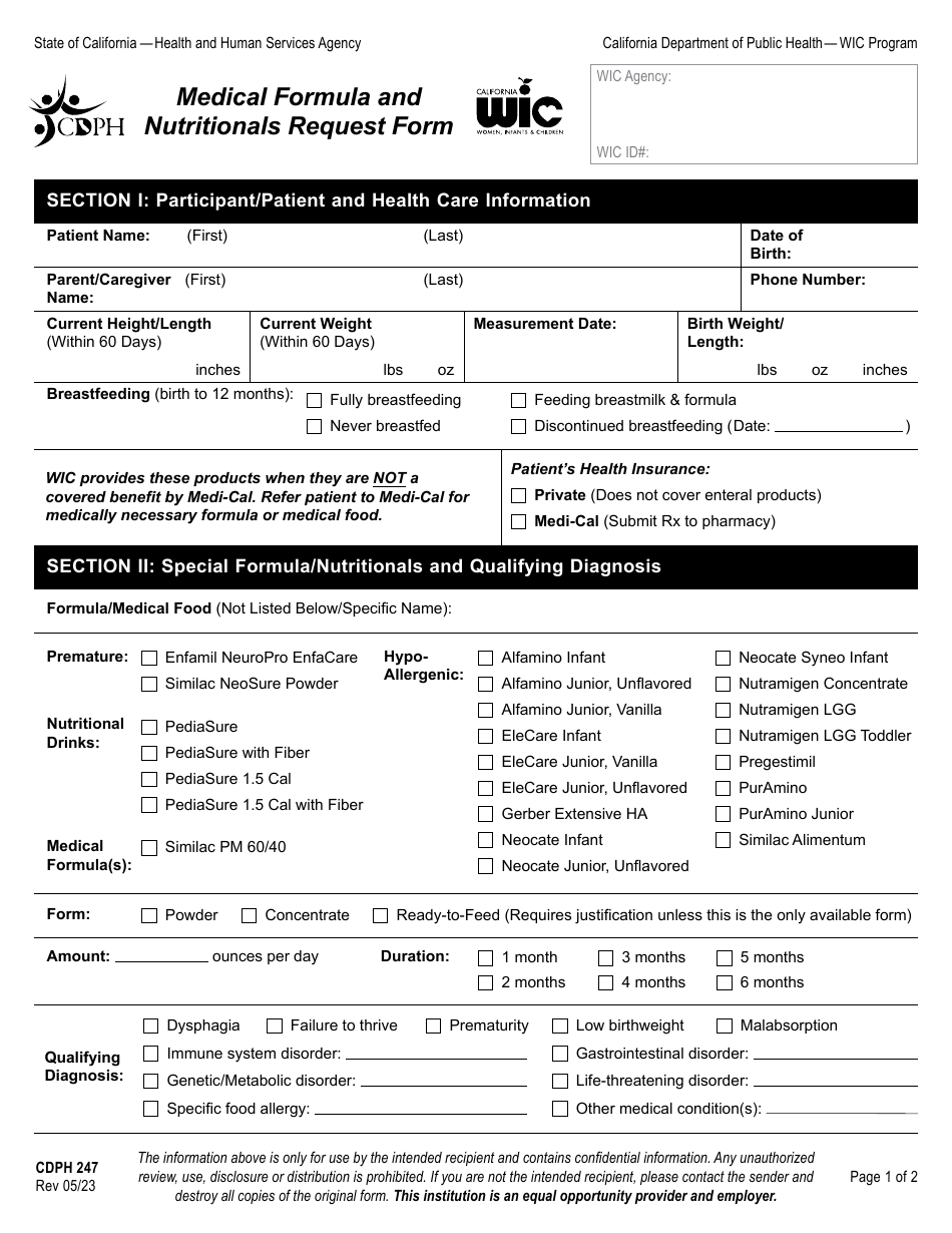 Form CDPH247 Medical Formula and Nutritionals Request Form - California, Page 1