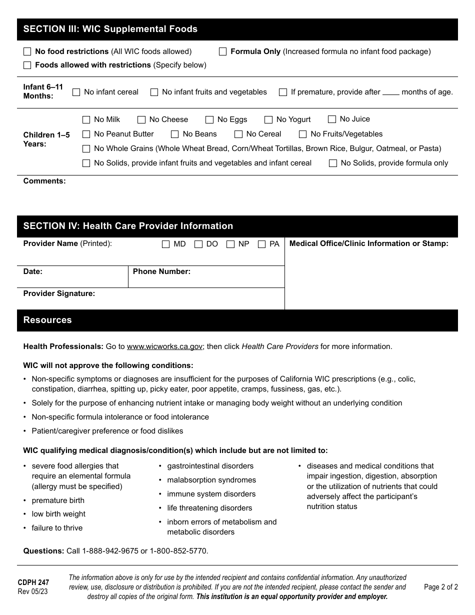 Form CDPH247 Medical Formula and Nutritionals Request Form - California, Page 2