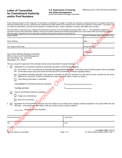 Form HUD-11700 Letter of Transmittal for Commitment Authority and/or Pool Numbers