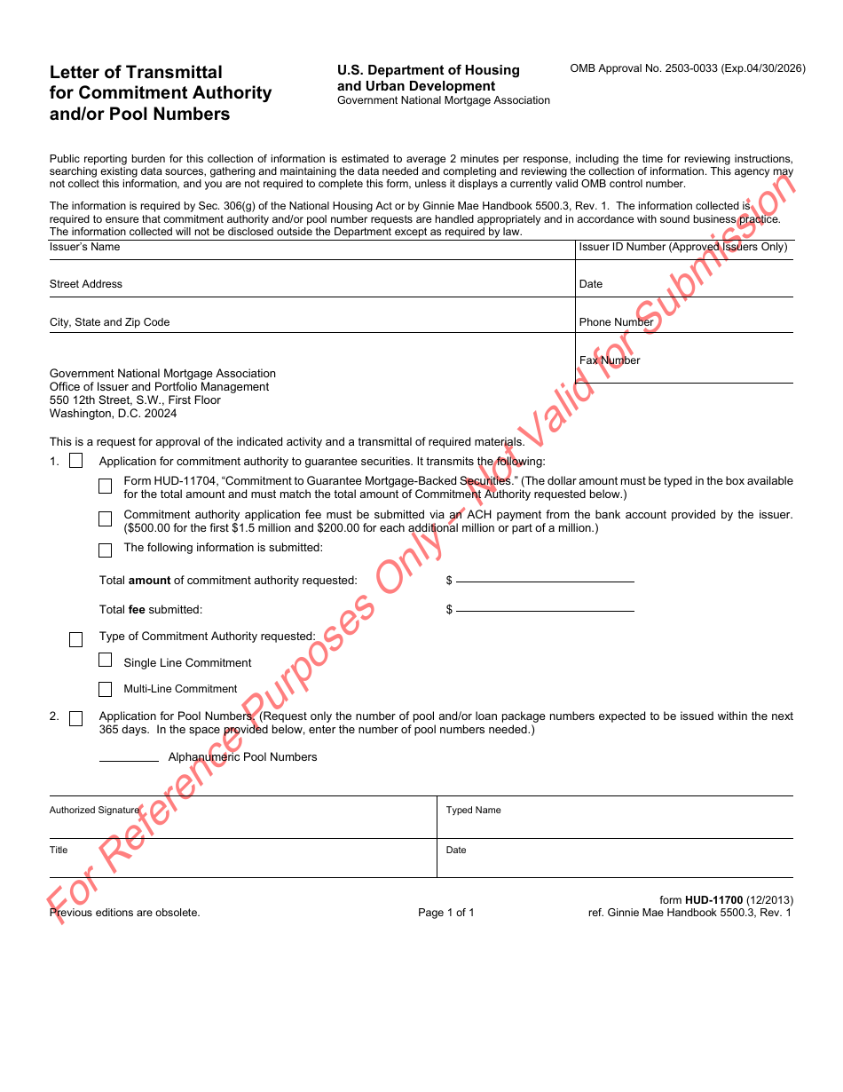 Form HUD-11700 Letter of Transmittal for Commitment Authority and / or Pool Numbers, Page 1