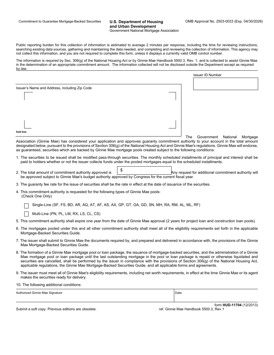 Form HUD-11704 Commitment to Guarantee Mortgage-Backed Securities, Page 1