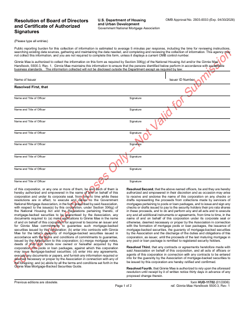 Form HUD-11702 Resolution of Board of Directors and Certificate of Authorized Signatures