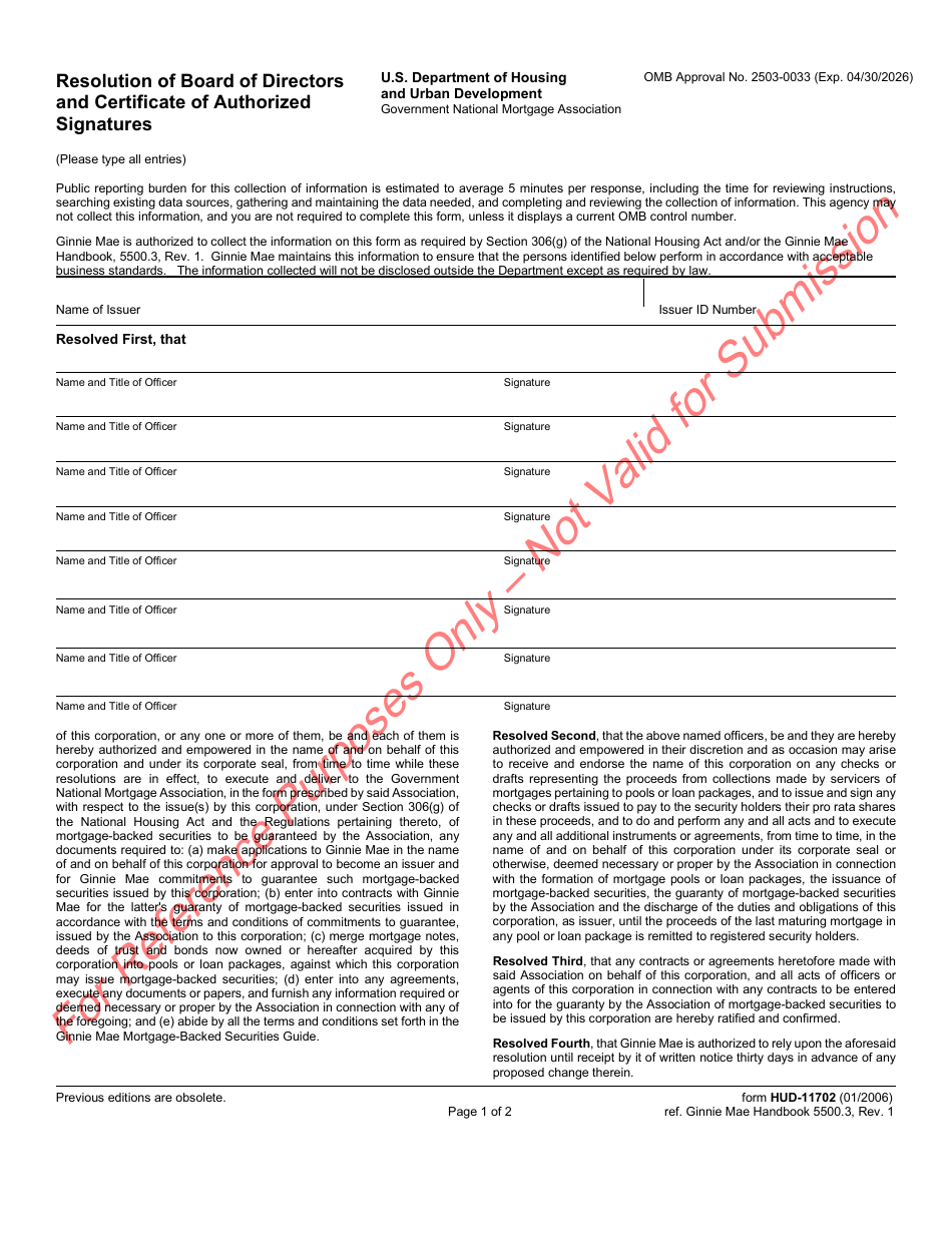 Form HUD-11702 Resolution of Board of Directors and Certificate of Authorized Signatures, Page 1