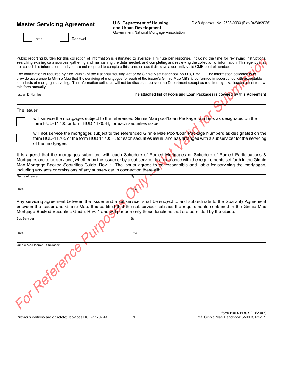 Form HUD-11707 Master Servicing Agreement, Page 1