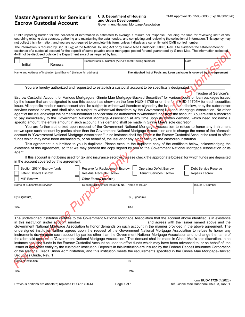 Form HUD-11720 Master Agreement for Servicers Escrow Custodial Account, Page 1