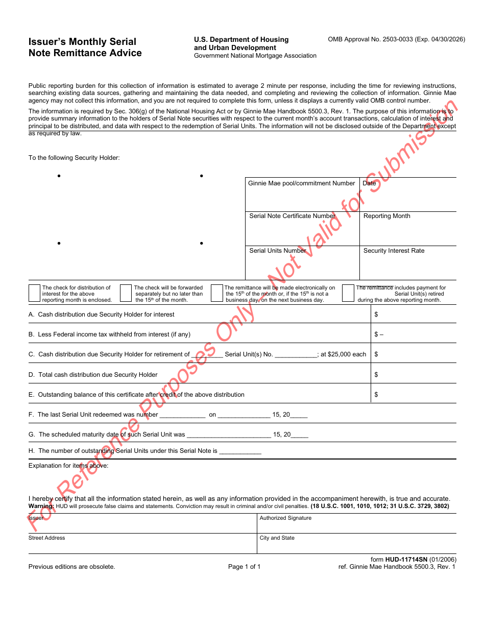 Form HUD-11714SN Issuers Monthly Serial Note Remittance Advice, Page 1