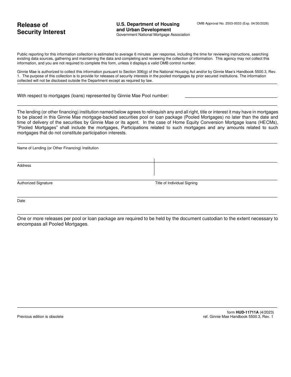 Form HUD-11711A Release of Security Interest, Page 1