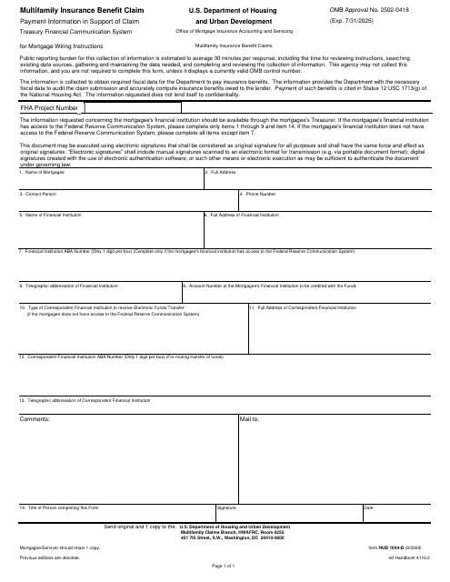 Form HUD-1044-D Multifamily Insurance Benefit Claim - Payment Information in Support of Claim