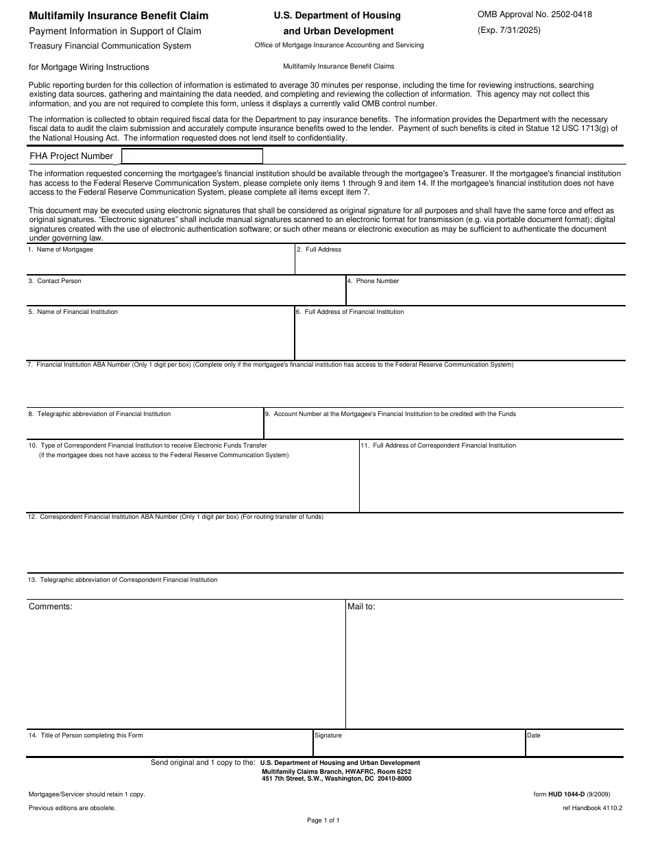 Form HUD-1044-D Multifamily Insurance Benefit Claim - Payment Information in Support of Claim, Page 1