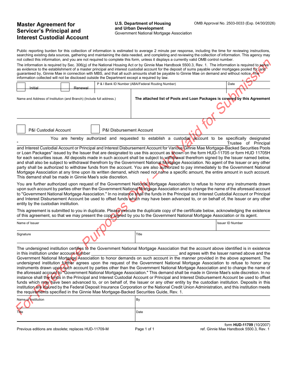 Form HUD-11709 Master Agreement for Servicers Principal and Interest Custodial Account, Page 1