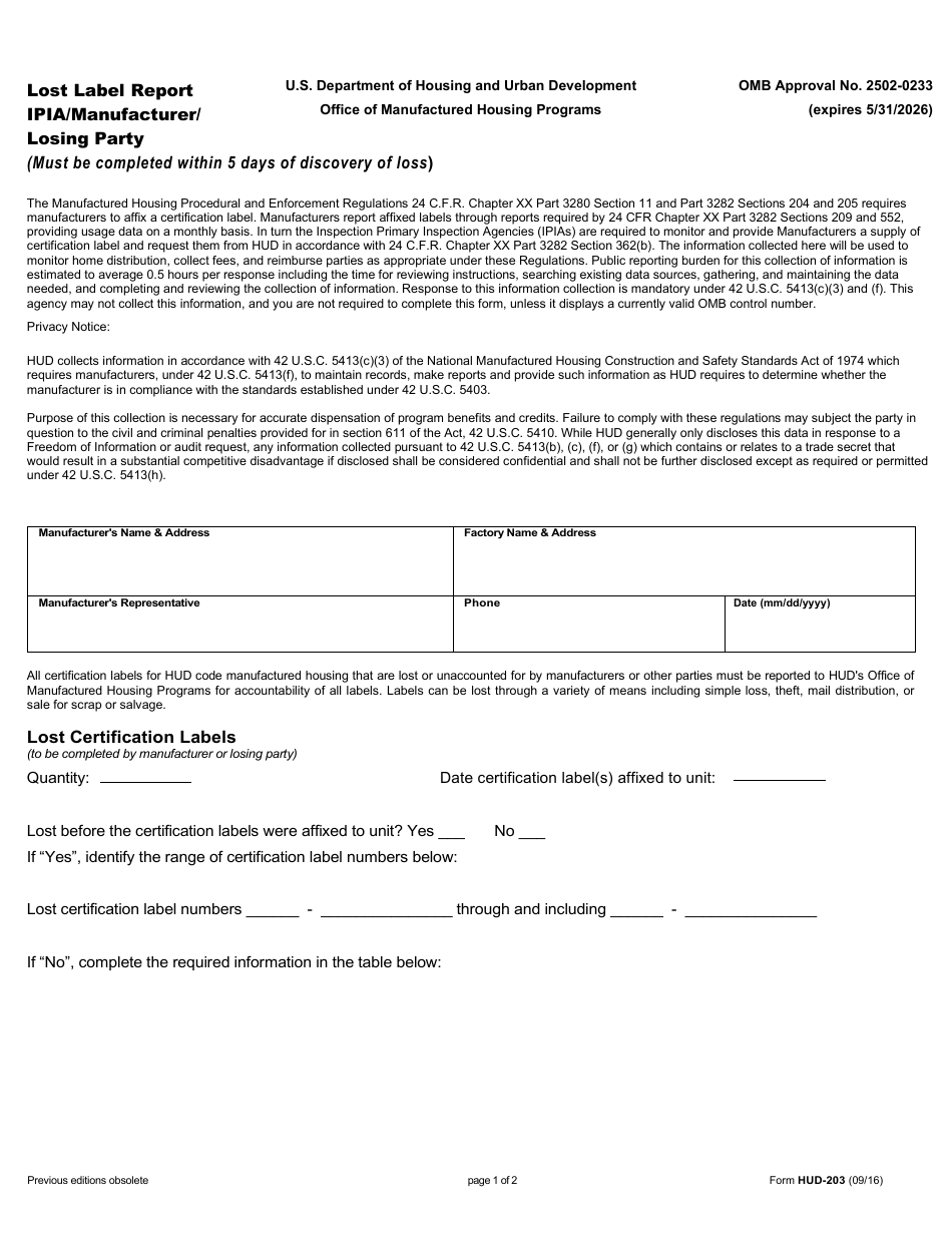 Form HUD-203 Lost Label Report Ipia / Manufacturer / Losing Party, Page 1