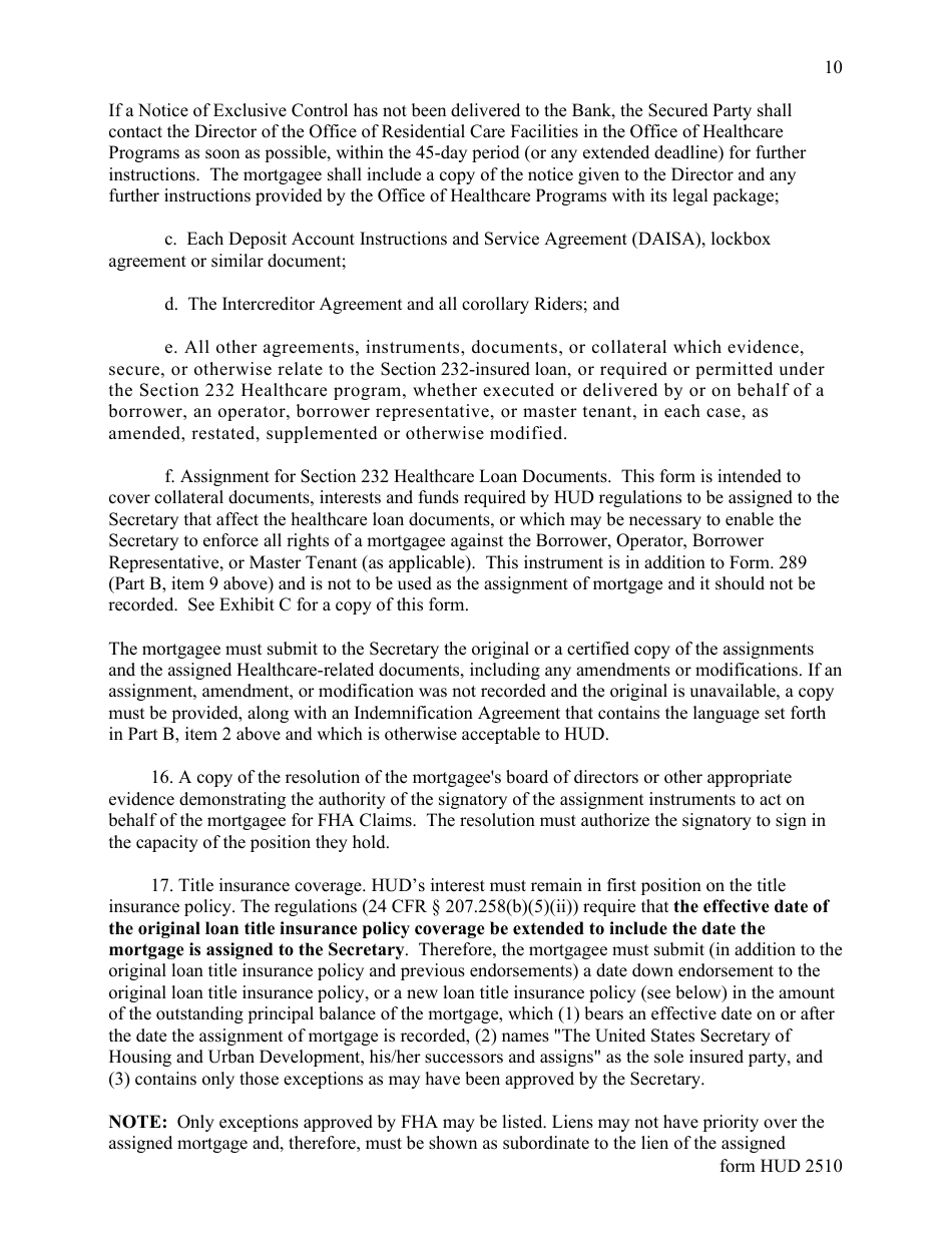 Form HUD-2510 Legal Instructions Concerning Applications for Full Insurance Benefits - Assignment of Multifamily and Healthcare Mortgages to the Secretary, Page 10